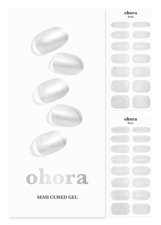 ohora Semi Cured Gel Nail Strips (N Silver Chrome) - White, Metallic, Works with UV/LED Lamps, Salon-Quality, Long Lasting, Easy to Apply & Remove - Includes 2 Prep Pads, Nail File & Wooden Stick