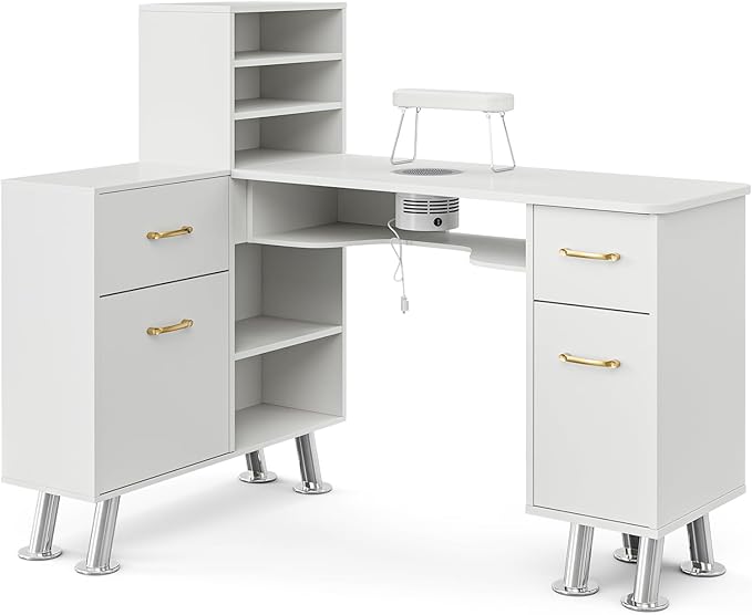 Manicure Table with Shelves, L-Shaped Nail Table Station w/Electric Downdraft Vent, Foldable Nail Arm Rest, Storage Cabinets, Drawers, Metal Handles & Legs for Nail Tech(White)