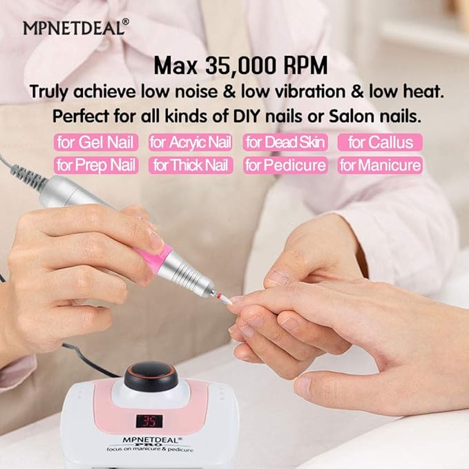 MPNETDEAL Pro Efile Nail Drill Machine 35,000rpm with LED Digital Display for Acrylic Nails Professional Manicure Drill Remove Nail Gel Polish Extension Gel Gift for Women Home and Salon Use