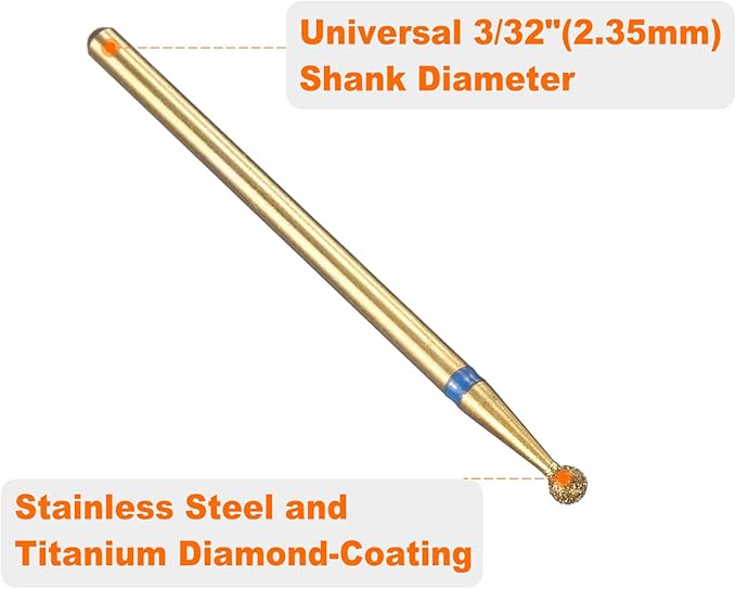 HARFINGTON 6pcs 120-140 Grits Diamond Grinding Bit 2.3mm Ball Head 2.35mm Shank 2.3mm Length Titanium Plated Stone Sanding Drill Bits Rotary Tool for Nails Grinding Polishing