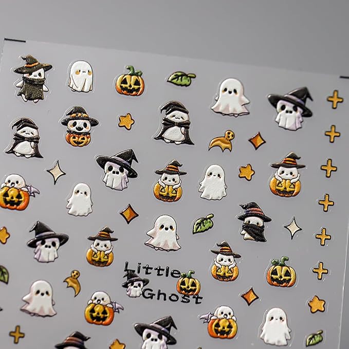 5D Embossed Halloween Nail Stickers Cute Ghost Pumpkin Nail Decals Self-Adhesive Halloween Nail Supplies Pegatinas Uñas Stars Leaf Design Fall Nail Art Stickers for Women Girls DIY Manicure 1Sheets