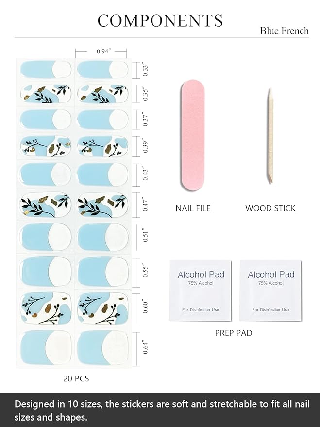 Semi Cured Gel Nail Strips (Blue French), Painted Flowers, 20 Pcs Gel Nail Wraps, Stickers, UV Light Required, Salon Quality, Long Lasting