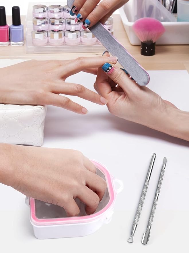 Nail Soaking Bowl, Soak Off Gel Polish Dip Powder Remover Manicure Bowl with Triangle Cuticle Peeler and Stainless Steel Cuticle Pusher Nail Art Tool (Pink-3pcs set)