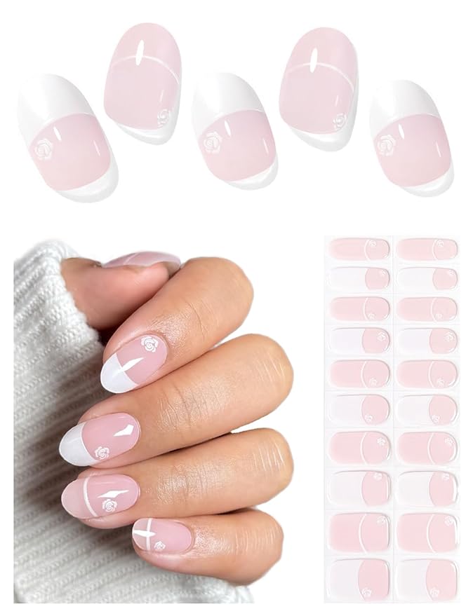 Semi Cured Gel Nail Strips (White Rose French), Chrome, 20 Pcs Gel Nail Wraps, Stickers, UV Light Required, Salon Quality, Long Lasting