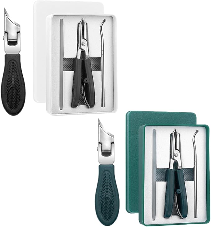 Eagle Beak Angled Nail Clippers 3-Piece Set, Wide Jaw Opening Anti-Splash Slanted Beveled Nail Clipper, Ingrown Toenail Clippers, Toe Nail Clippers for Seniors Long Handle (Green+Black)