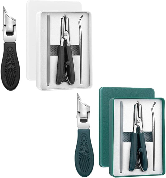 Eagle Beak Angled Nail Clippers 3-Piece Set, Wide Jaw Opening Anti-Splash Slanted Beveled Nail Clipper, Ingrown Toenail Clippers, Toe Nail Clippers for Seniors Long Handle (Green+Black)