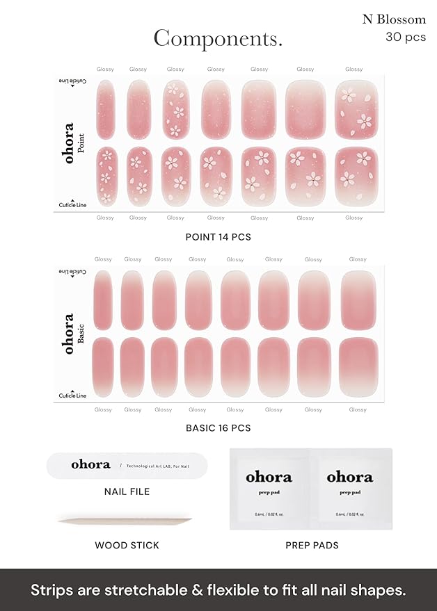 ohora Semi Cured Gel Nail Strips (N Blossom) - Nude, Ombre, Works with Any UV/LED Lamps, Salon-Quality, Long Lasting, Easy to Apply & Remove - Includes 2 Prep Pads, Nail File & Wooden Stick