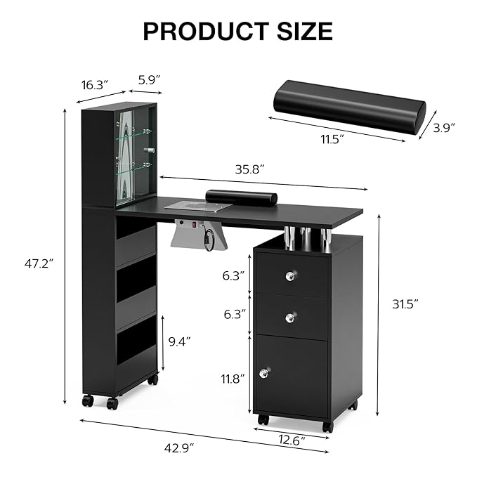 Paddie Manicure Table Nail Table with LED Light, Glass Shelf Door Nail Desk with Dust Collector & Wrist Cushion, Nail Salon Station with 2 Drawers & Cabinet for Technician Workstation(Black-New)