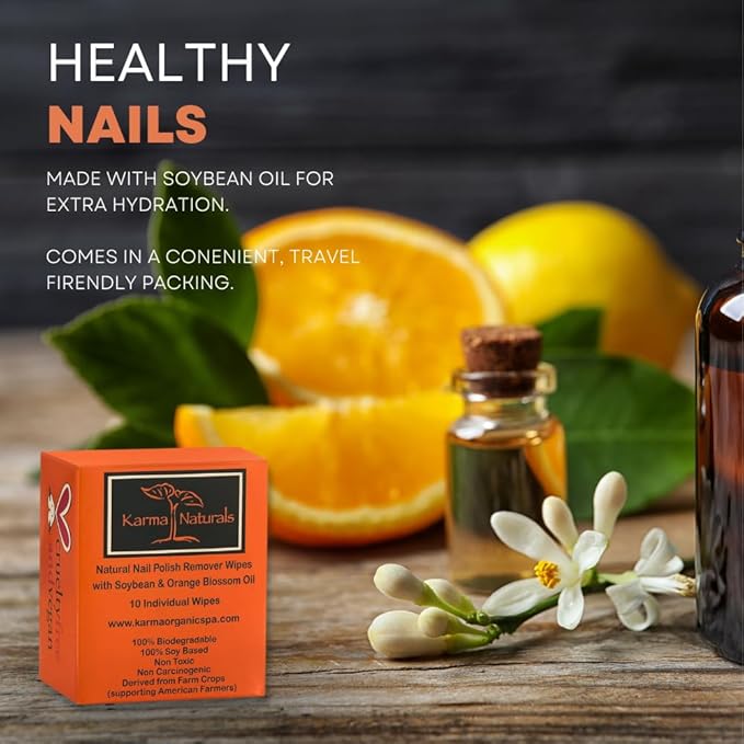 Karma Organic Natural Nail Polish Remover Wipes with Soybean and Orange Blossom Oil, 100% Soy Based, Non-Toxic, Vegan, Cruelty-Free – Pack of 10