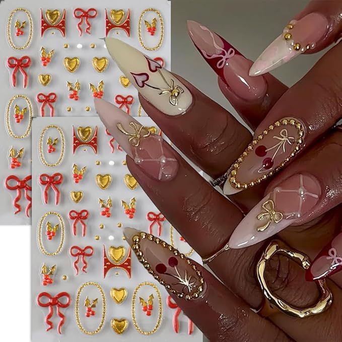 5D Embossed Nail Stickers Red Gold Bow Heart Nail Decals DIY Self Adhesive Christmas Nail Design Sticker Cute Nail Decoration Supplies Holiday Manicure Accessories for Women Girls 2Pcs
