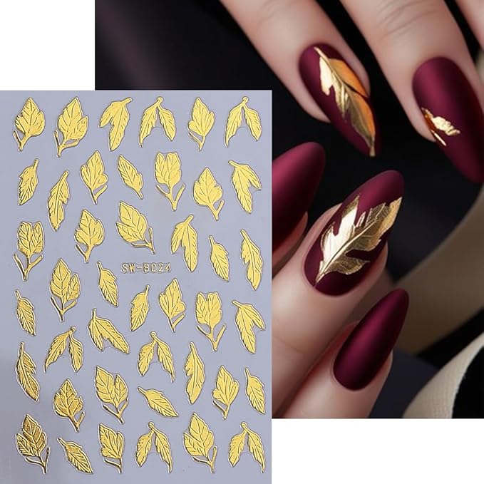 6Pcs Fall Nail Stickers 3D Gold Maple Leaves Nail Decals DIY Self Adhesive Autumn Gold Glitter Leaves Design Thanksgiving Nail Decoration Supplies Holiday Manicure Accessories for Women Girls