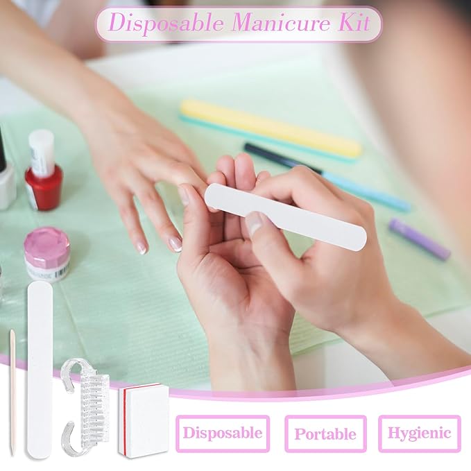 20 Sets Disposable Manicure Kit Basics 4 Piece Nail Kit for Travel,Handle Grip Brush,Mini Nail Buffer Nail File and Wood Stick for Gifts Salon Home Professional(20 Set -White)