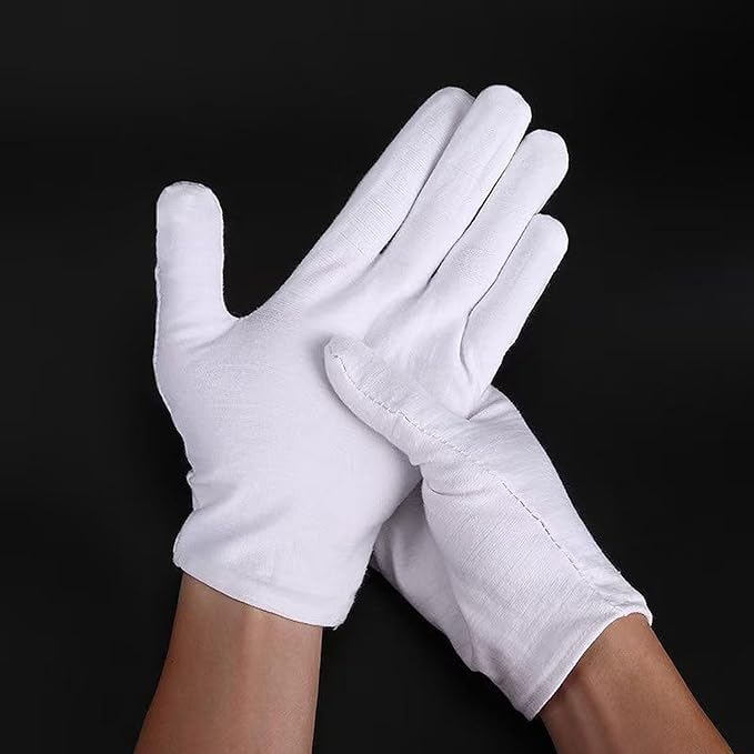 12 Pairs White Cotton Gloves for Eczema Dry Hands Breathable Work Glove Liners Moisturizing Spa Jewelry Inspection Etiquette Gloves Stretchy Fit for Men Women 24PCs Archival Photo Gloves (Large)