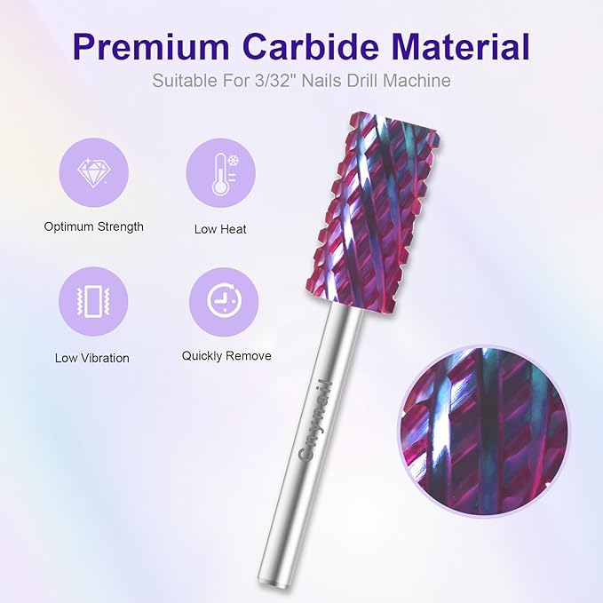 3/32" Large Barrel Bit Tungsten Carbide Nail Drill Bit Safety Bit for Gel & Acrylic Removal, 2- Way Rotating Efile Tip, Salon Electric File Accessory (4XC Girt, Purple)