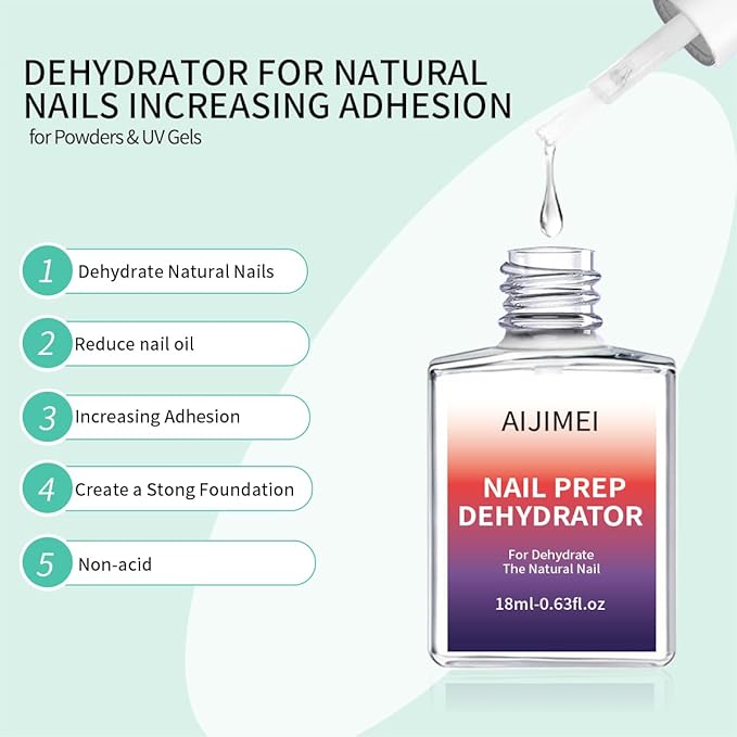 AIJIMEI Professional Natural Nail Prep Dehydrator and Acid Free Primer For Acrylic False Nail Tips Bond Base Coat Gel Nail Polish and Quick Drying Adhesive Dehydration Set（18ml/0.63fl.oz