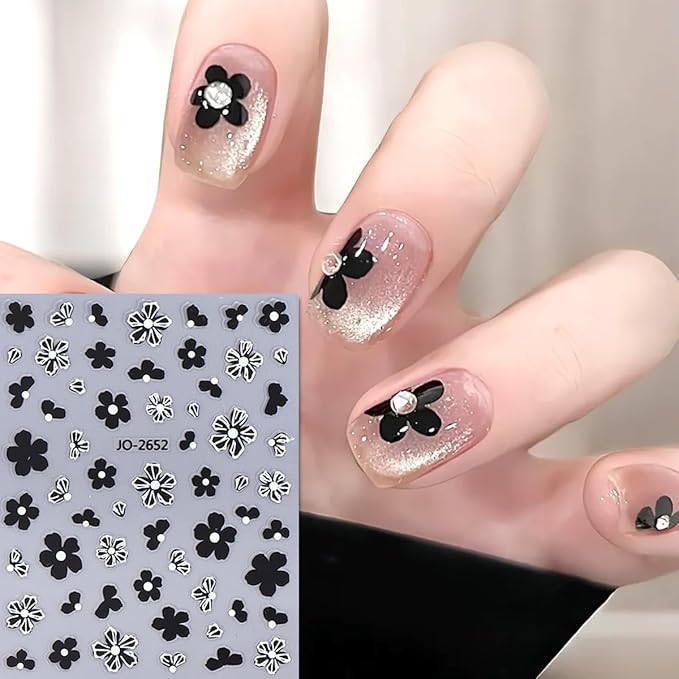 6Sheets Camellia Petals Nail Art Stickers 3D Metallic Flowers Nail Decals Engraved Flower Nail Sticker Black Gold Silver Designs Self-Adhesive Floral Nail Supplies for Women French Manicure Decoration