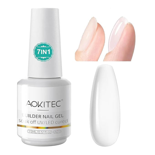 Aokitec Builder Nail Gel, 15ml Clear Gel Builder for Nails 7-in-1 Nail Extension Gel in Bottle Hard Gel for Nail Strengthen & Repair Adheasive Rhinestones Nail Art Design for Nail Salon Home DIY Gift