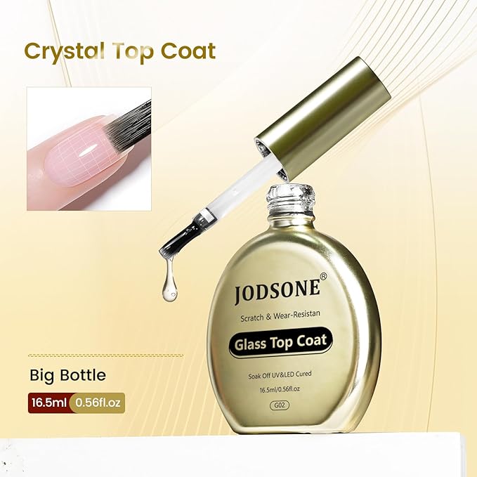JODSONE Gel Top Coat - 16.5ml Clear Glass Top Coat Gel Nail Polish No Wipe, High Toughness, Wear-resistant and High Glass Varnish for Long Lasting,U V Light Needed