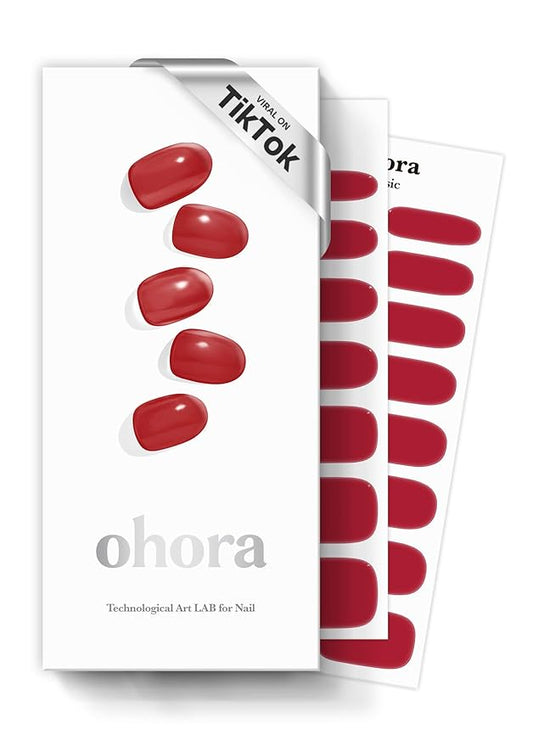 ohora Semi Cured Gel Nail Strips (N Red Light) - Red, Solid, Works with Any UV/LED Lamps, Salon-Quality, Long Lasting, Easy to Apply & Remove - Includes 2 Prep Pads, Nail File & Wooden Stick