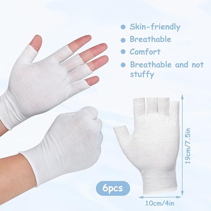 6 Pairs of Cotton Gloves, Moisturizing White Cotton Gloves, Comfortable, One Size Fits All, Unisex Size, Fingerless Touch Screen Design, White