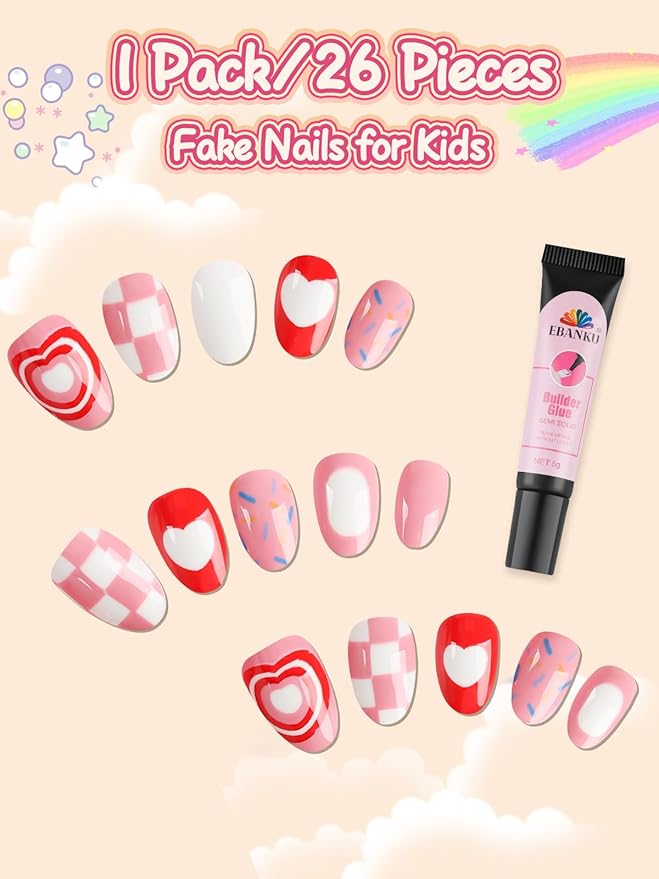 26 Pcs Kids Press on Nails Set, EBANKU Fake Nails for Girls 5-12 Years Pink Grid Heart False Nails with Nail Glue, Short Full Cover Press on Nails Tip for Child