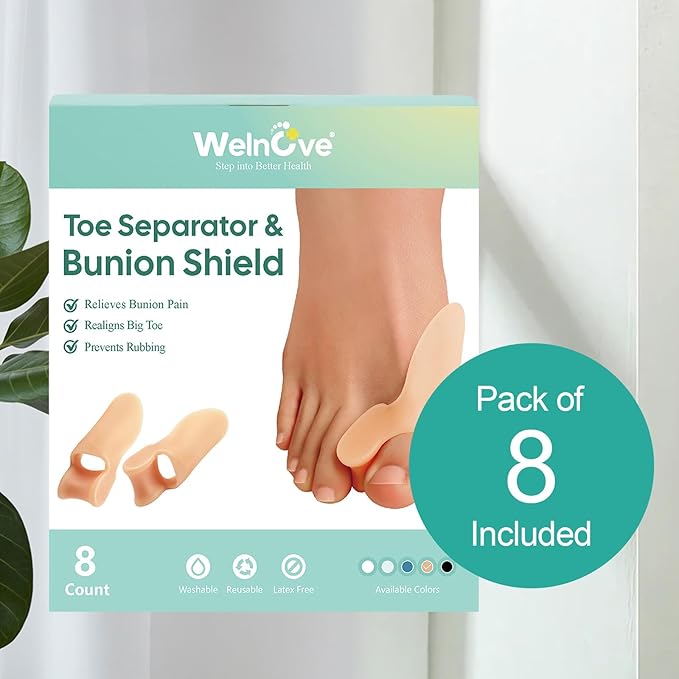 Welnove Bunion Cushion Protector, 8 Pack Bunion Corrector Pads with Separator for Big Toe, Gel Shield for Foot Pain Relief, Calluses, Relieve Foot Pain from Friction(Beige)