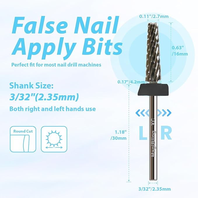 16mm 5 in 1 Nail Drill Bits for False Nail Apply, 3/32'' Tungsten Carbide Professional Bit, Slender Bit for Corners, Left & Right Hand Use, Manicure Cuticle Gel Polishing, Extra Coarse.
