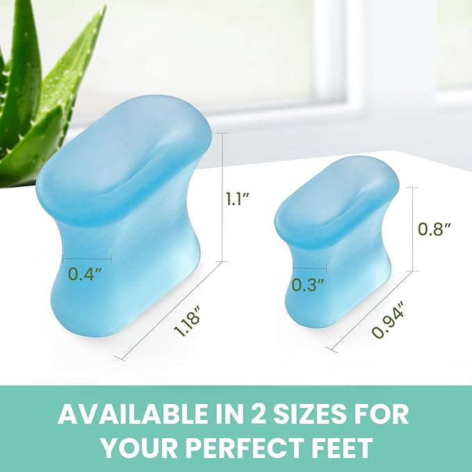 Welnove Upgraded Gel Toe Separators – 8-Pack Aloe Vera Extract Infused Silicone Toe Spacers for Straightening Overlapping Toes, Calluses – Bunion Corrector for Men and Women (Multi-Size, Blue)