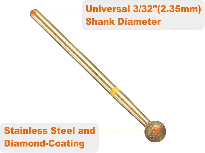 HARFINGTON 6pcs 325-400 Grits Diamond Grinding Bit 5mm Ball Head 2.35mm Shank 5mm Length Titanium Plated Stone Sanding Drill Bits Rotary Tool for Nails Grinding Polishing
