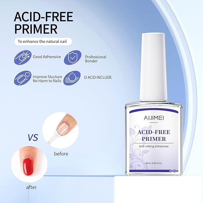 AIJIMEI Professional Natural Nail Polish Dehydration and Acid Free Primer for Acrylic Acid and Gel Nail Polish, Quick Drying Advanced Adhesive Set（18ml/0.63fl.oz)