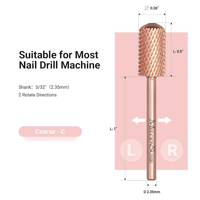 MelodySusie Safety Nail Drill Bits, 3/32'' Smooth Round Top Large Barrel Carbide Bits, Suitable for Manicure Pedicure Cuticle Gel Polishing, Beginners Bits, Rose Gold, Series Bit-S, Coarse