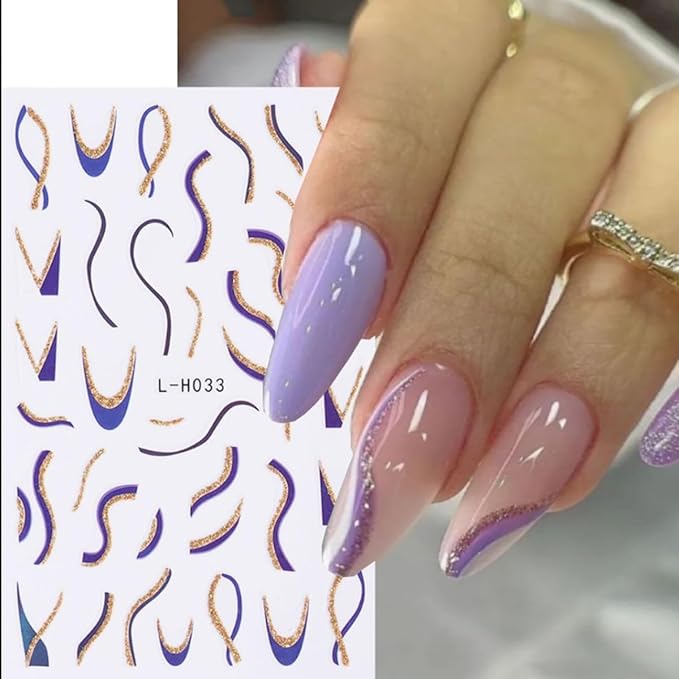 12PCS Line Nail Stickers 3D Colorful Lines Nail Decals Self-Adhesive Nail Art Supplies Gold Glitter Curve Waves Pink Stripes Nail Designs French Nail Tips DIY Manicure Decoration Accessories for Women