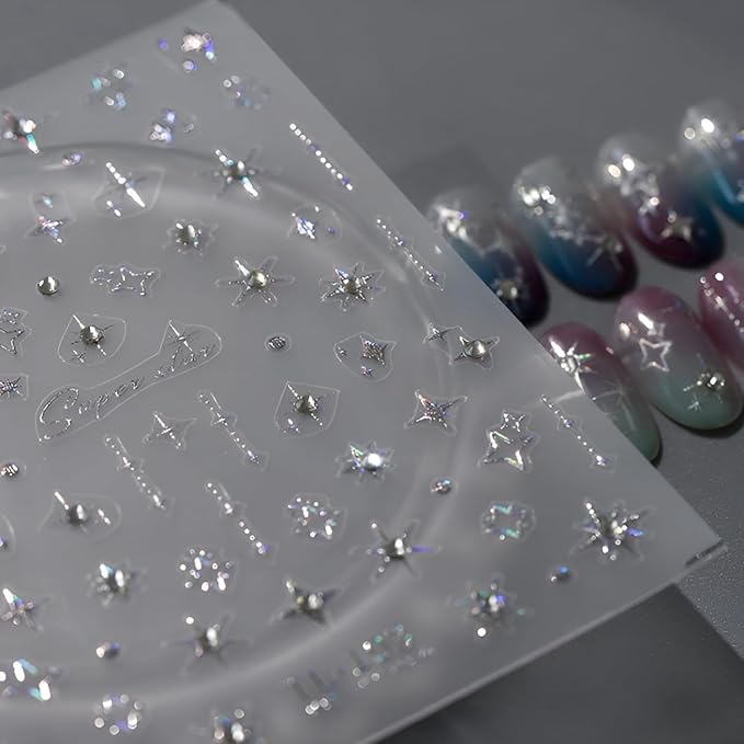 Star Nail Stickers for Nail Art 5D Embossed Self Adhesive Aurora Star Nail Art Stickers Star Nail Decals with Glitter Shiny Nail Art Design Star Nail Supplies for Women for DIY Manicure Decoration