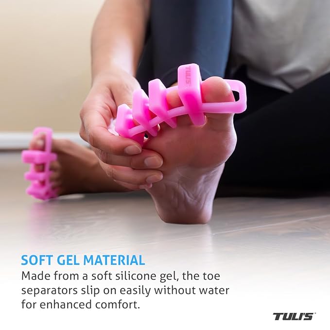 Tuli’s Soft Moves Adjustable Toe Separators, Silicone Toe Spacers for Alignment, Bunions, Hammertoes, Plantar Fasciitis, Yoga, Morton’s Neuroma, and Foot Health, One Size Fits All, Pink