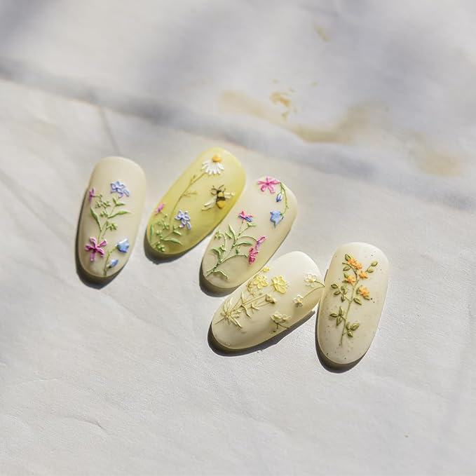 1Pcs Embossed Flower Nail Stickers Small Daisy Nail Decals 5D Embossed Wildflower Nail Art Stickers Spring Summer Pink Yellow Blue White Green Flower Design Nail Art Decoration for Women Girls Kids