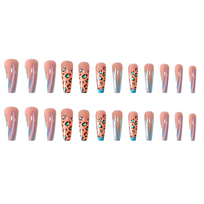 Aurora French Tip Press on Nails Long Square Fake Nails with Leopard Print Designs Glossy Full Cover Nude Glue on Nails Cheetah Nails Acrylic Stick on Nails for Women Girls Manicure Kit 24 Pcs