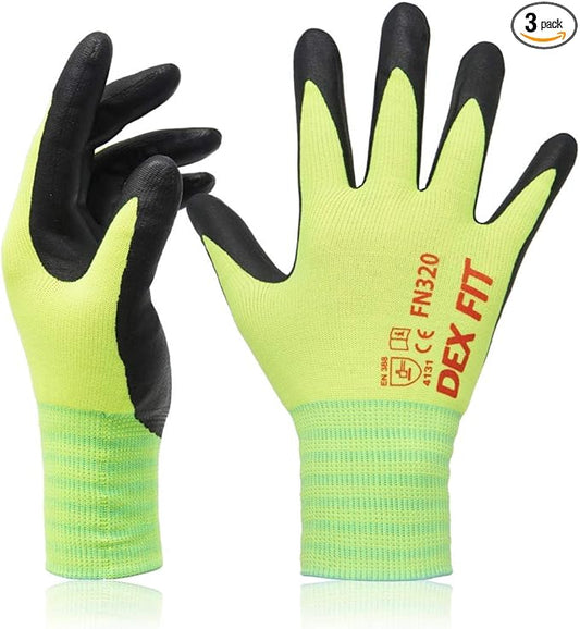DEX FIT Premium Nylon Nitrile Work Gloves FN320, 3 Pairs, 3D-Comfort Stretchy Fit, Firm Grip, Thin & Lightweight, Durable, Breathable & Cool, Machine Washable; Neon Green 7 (S)
