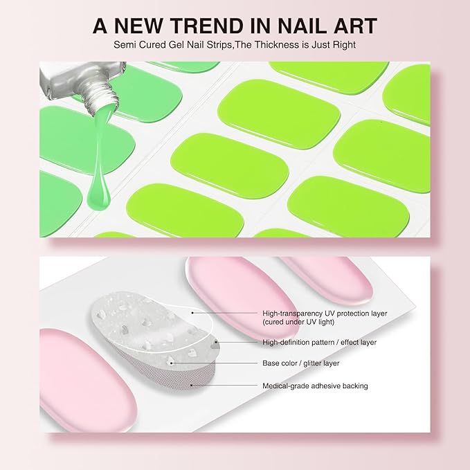 Semi Cured Gel Nail Strips - 30PCS Spring Stickers for UV Light, Long-Lasting Wraps, Salon-Quality Semi Cured Nail Stickers, 2 Weeks Wear, Easy DIY Gel Manicure-Lush Lime