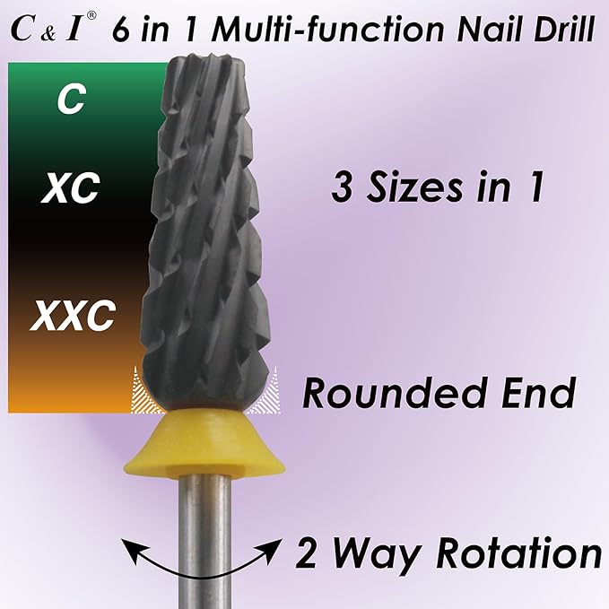 C & I Nail Drill Bit 6 in 1 Multi-function Rounded End E-file, Diamond Coat, CNC Overall Cut Nail Tools for Nail Techs Quick Remove Acrylic Nail Gels & Nail Art (Special Coat, Double Coarse -XXC)