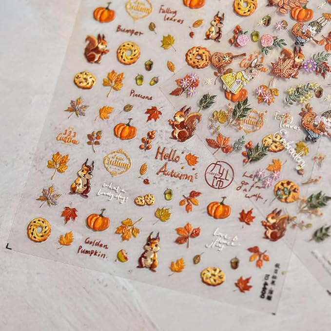 1Sheet Maple Leaf Nail Stickers 5D Embossed Self Adhesive Fall Squirrel Nuts Nail Decals Thanksgiving Day Pumpkin Nail Design Red Yellow Maple Leaf Nails Sticker Nails Decor for Women Nails Supplies