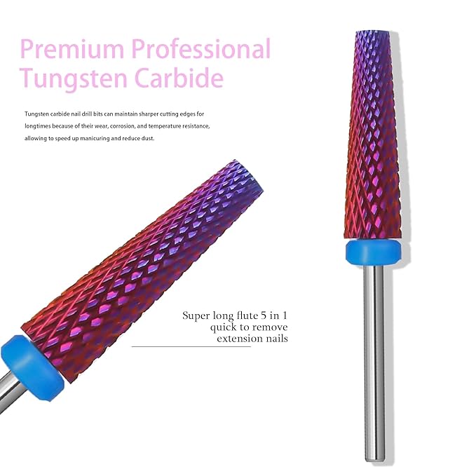 Super Long 5 in 1 Nail Drill Bits, Professional 3/32'' Carbide Tungsten Two Way Rotary Nail Cleaner Nail Bits, Suitable for Manicure Pedicure Cuticle Gel Polishing Acrylic Nails (Purple, Medium-M)