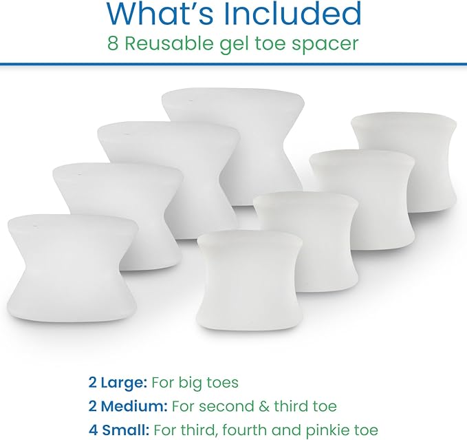 VIVEsole Toe Spreaders for Feet (8 Pack) - Silicone Spacers for Women & Men - Gel Separators for Bunions, Overlapping Toes, Pain Relief - Orthotic Dividers for Athletes, Alignment & Corrector