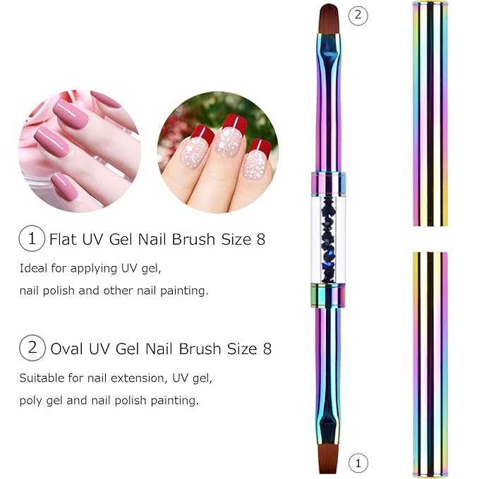 2Pcs Dual-ended Nail Design Brushes Rhinestone Handle UV Gel Nail Brush Set Professional Nail Art Tools Rainbow