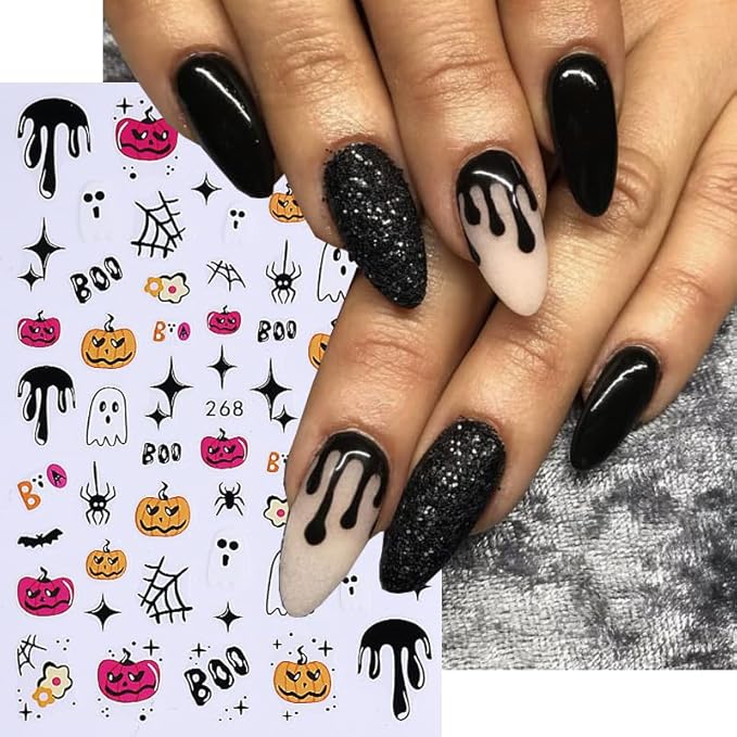 6 Sheet Halloween Nail Stickers 3D Self-Adhesive Nail Art Stickers Decals with Bat Spider Web Design Nail Stickers for Nail Art Flower Ghost Manicure Decoration for Women Nails Supplies