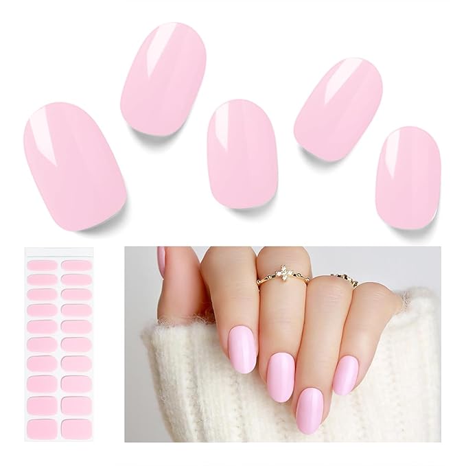 Semi Cured Gel Nail Strips, 20 PCS Gel Nail Stickers Work with UV Light, Salon Quality & Easy to Use - Rosy Luster