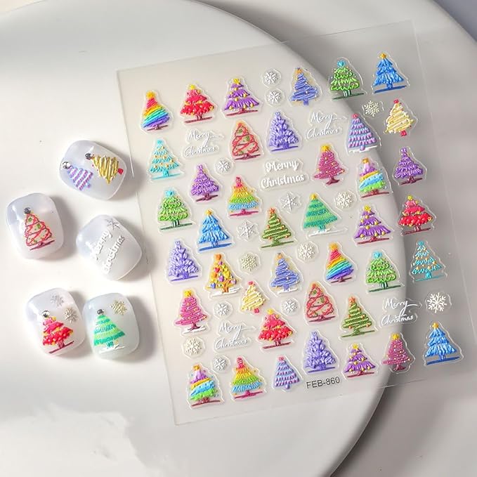 Christmas Nail Stickers 5D Embossed Christmas Lights Tree Nail Art Stickers Xmas Snowflake Nail Decals Self-Adhesive Penguin Design Sticker Holiday Nail Decoration for Women Manicure Accessories 4Pcs