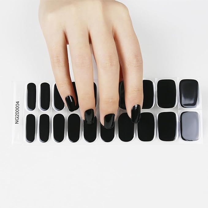 Semi Cured Gel Nail Strips, 20pcs Real Nail Polish Art Stickers, Pure Black Gel Nail Stickers - Work with Any UV Lamp, Long Lasting Full Wraps with Nails File and Stick