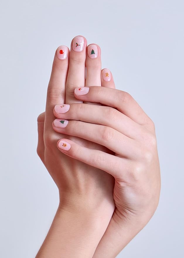 ohora Semi Cured Gel Nail Strips (N Jolly Jingles) - Nude, Pattern, Works with Any UV/LED Lamps, Salon-Quality, Long Lasting, Easy to Apply & Remove - Includes 2 Prep Pads, Nail File & Wooden Stick
