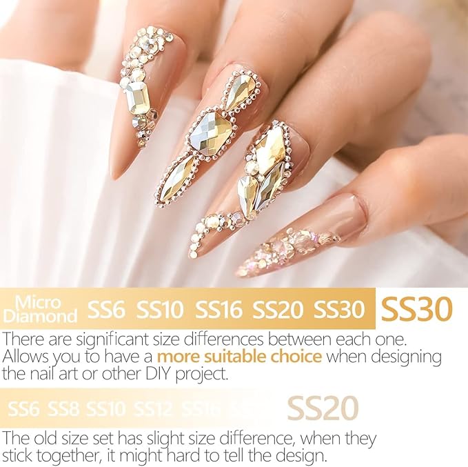 4010pcs Champagne Gold Nail Art Rhinestones Kit Makeup Flatback Rhinestones Golden Nail Charms 6 Sizes (1.6-6.1mm) Up to SS30 Round Crystal Nail Gems Stones w Picking Pen for Nail DIY Eyes Face Makeup