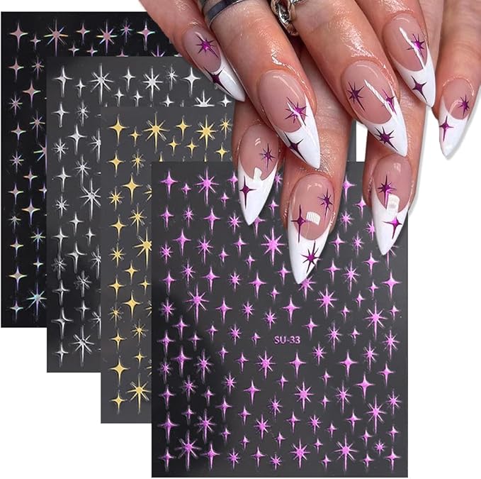 4 Sheets Starlight Star Nail Stickers 3D Glitter Shiny Purple Gold Silver Laser Stars Nail Art Designs Self-Adhesive Nail Decals for Women Girls DIY Manicure Decoration Supplies